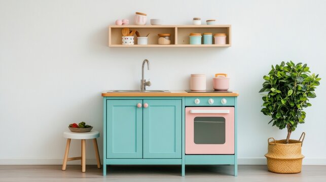 Play Kitchen Set for Kids in Pastel Colors.