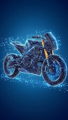 Abstract Sport Motorcycle Made of Water Droplets on Blue Background. Illustration, Rendering.