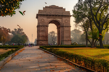Fototapeta premium Majestic view of India Gate under a clear blue sky, symbolizing Delhi’s rich heritage and history. The iconic sandstone arch stands tall, surrounded by lush greenery and tourists.