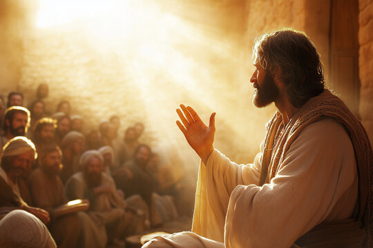 Jesus, with his hand raised, teaching people in the sunlight