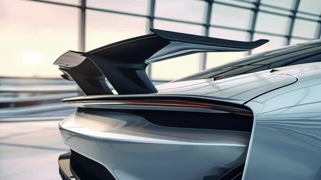 Silver supercar with a prominent rear spoiler is parked in a modern showroom, showcasing its sleek design and luxurious appeal