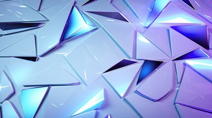 Abstract background of broken blue and purple glass triangles with neon light effects.