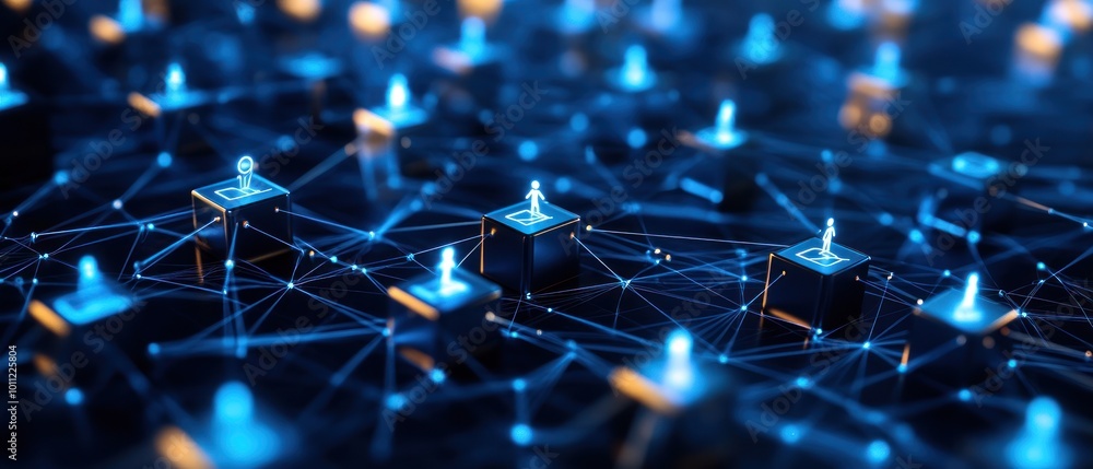 Poster social network of digital nodes representing secure, decentralized transactions and communication sy