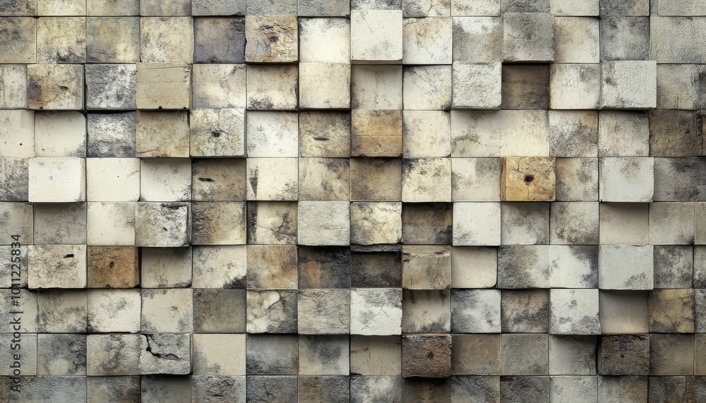 Poster abstract wall of irregular square blocks with a weathered stone texture, giving a sense of depth and