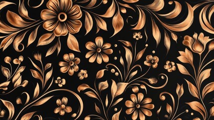 Fototapeta premium Golden Floral Pattern on Black Background, Digital Art, Golden Flower, Black Background, Intricate Design