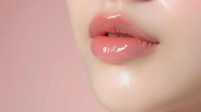 Glossy Lips: A close-up macro shot of smooth, hydrated lips with a clear, glossy sheen. Perfect for beauty, fashion, and skincare campaigns.   - Powered by Adobe
