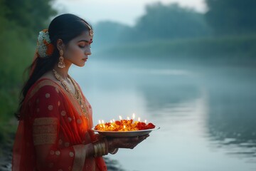 Traditional Indian woman holding a pooja thali by the river during Chhath Puja celebration
