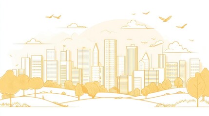Obraz premium Outline illustration of a city skyline showcasing modern office buildings and urban architecture.