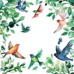 Fototapeta premium Watercolor Bird Frame with Green Leaves, 6 Birds, White Background, Watercolor, Bird Frame, Nature Art