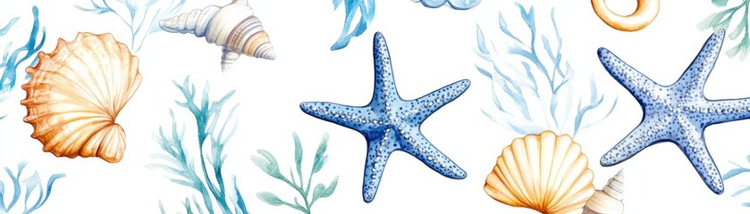Watercolor Seashells, Starfish, and Seaweed Pattern, Summer, Ocean, Beach