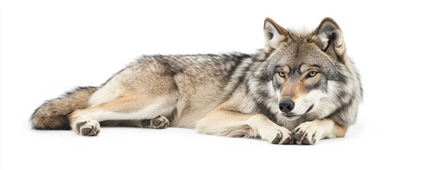 Wolf Lying Down in Studio, White Background, Full Body, Wildlife, Animal, Canis Lupus