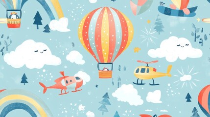 Naklejka premium Whimsical Hot Air Balloon and Helicopter Flying Through the Sky with Cute Clouds, Digital Illustration, Blue Sky, Air Travel, Kid's Pattern, Hot Air Balloon Design, Helicopter Illustration