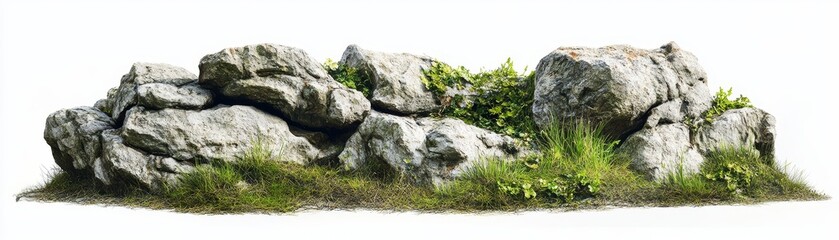 3D Rendered Rocks with Grass and Vines, isolated on white, 3D model, nature scene