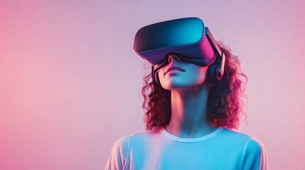 VR headset experience, abstract background.