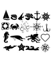 Sea Creature Icons | Wildlife | Sea Animals | Vessel Anchor | Marine Life | Aquatic Animals | Compass Direction | Sea Creatures | Original Illustration | Vector and Clipart | Cutfile and Stencil