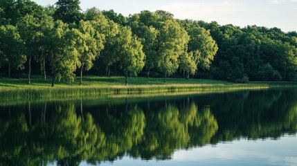 Lakeside trees reflected in serene waters