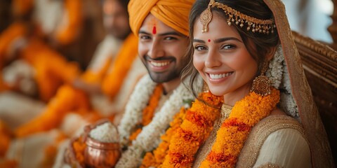 Joyful Indian Couple Smiling Together at Their Traditional Wedding Ceremony Adorned with Garlands