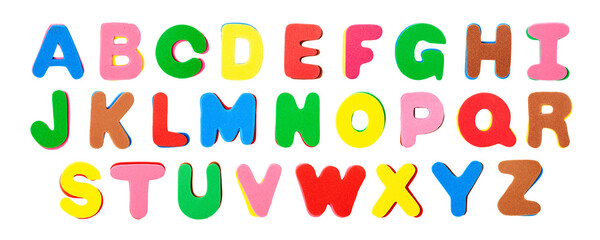 Colorful foam letters abc alphabet collection isolated. PNG with transparent background. Flat lay. Without shadow.