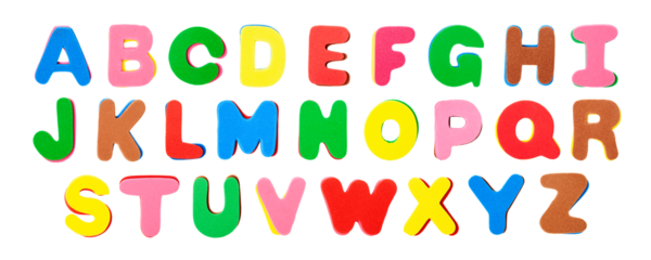 Colorful foam letters abc alphabet collection isolated. PNG with transparent background. Flat lay. Without shadow.