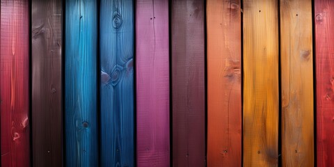 Fototapeta premium A vertical arrangement of wooden planks, painted in a vibrant spectrum of colors, showcasing a harmonious blend of warm and cool hues.