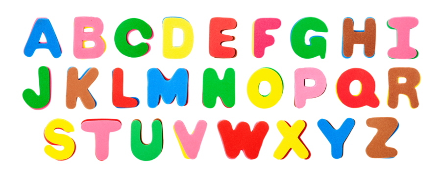 Colorful foam letters abc alphabet collection isolated. PNG with transparent background. Flat lay. Without shadow.