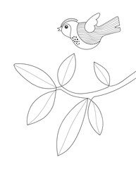 Fototapeta premium Bird flies over tree branch outline drawing vector, nature coloring page design