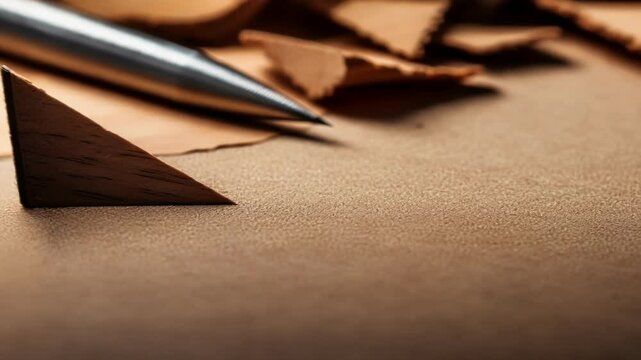 Two wooden triangle shapes laying on a workbench with a technical pen and wood chips, creating an architectural design concept