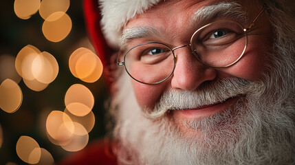smiling Santa Claus wearing glasses and a beard, with a dark, blurred background and Christmas lights in the background