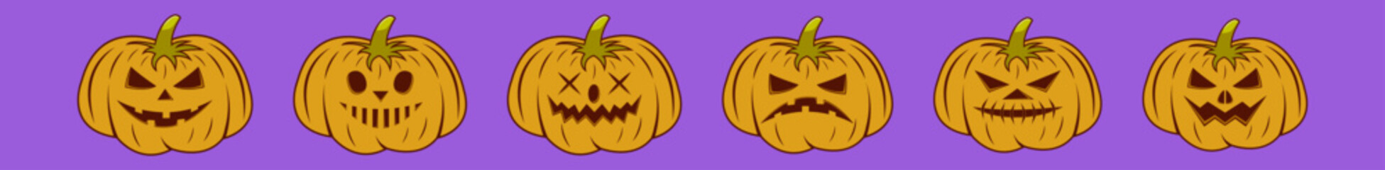 Vector illustration horizontal set of six HALLOWEEN PUMPKINS on purple background. Halloween decor element. Evil orange pumpkin heads. Retro print for typography