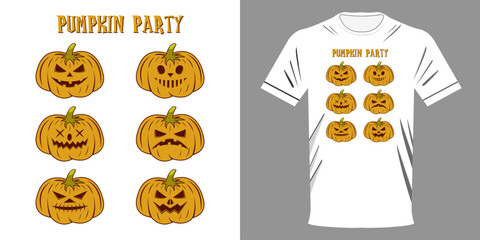 Vector illustration T-shirt PUMPKINS FOR HALLOWEEN. HALLOWEEN PARTY STYLE. Clothes for the holiday. Evil pumpkin heads. Retro print for typography.eps