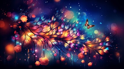 A vibrant floral branch illuminated by ethereal lights, with a delicate butterfly soaring through a dreamy, cosmic backdrop.
