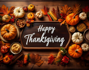 Happy Thanksgiving Text Surrounded by Autumn Leaves, Pumpkins, and a Harvest Table with Warm Decor