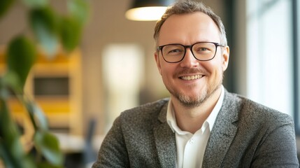 Obraz premium Smiling man wearing glasses works in office.
