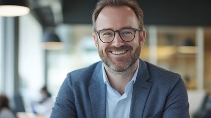Naklejka premium Glasses-wearing man smiles at work.