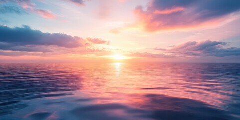 A breathtaking sunset over a tranquil ocean, featuring vibrant colors reflecting on calm waters, creating a serene atmosphere.
