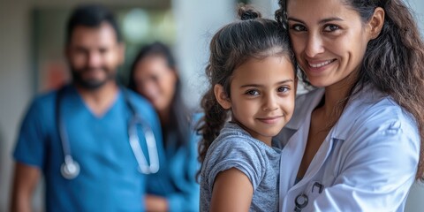 Fototapeta premium A caring doctor smiles while holding a young girl in a hospital setting, showcasing compassion and healthcare professionalism.