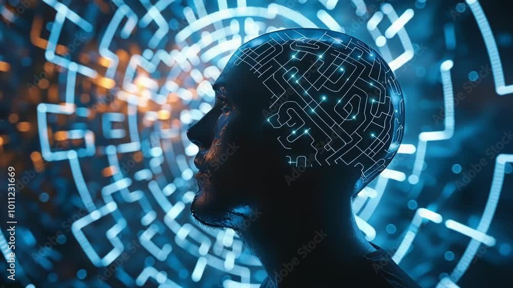 Poster silhouette of a man with a futuristic neural network glowing inside his head, symbolizing brain enha