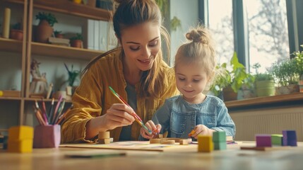 Family moment: Mom and daughter paint wooden items at home.