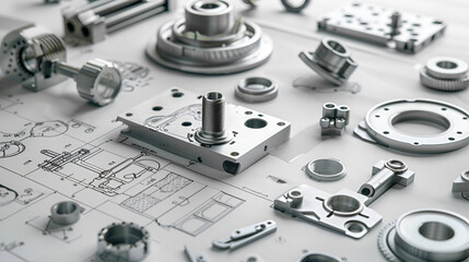 A detailed close-up of various mechanical parts and technical drawings, showcasing an intricate design and engineering concept. The image highlights precision and industrial craftsmanship.
