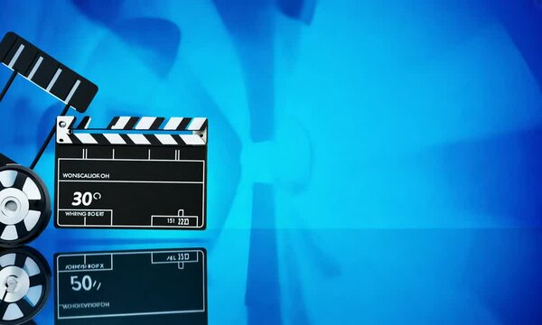 Cinema film strip and reel with clapper board in blue