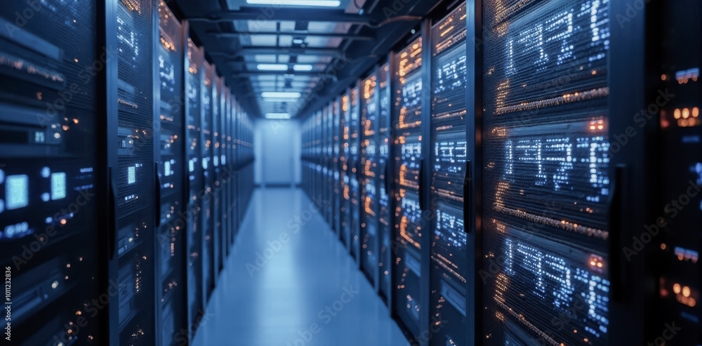 Poster blue illuminated data center server room, network communication technology, internet hosting service
