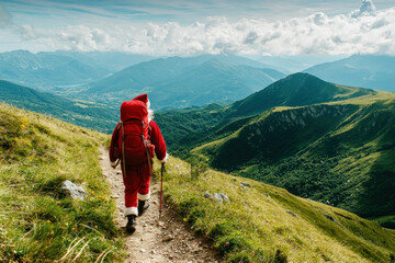 Obraz premium jolly figure in red outfit hikes through stunning mountain landscape, surrounded by lush greenery and breathtaking views. scene captures spirit of adventure and joy