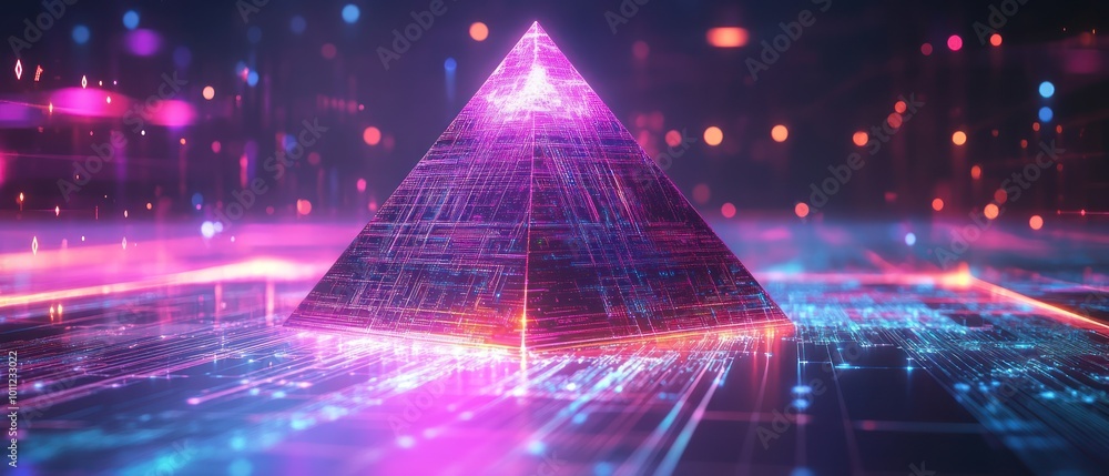 Poster digital pyramid in futuristic cybernetic world. presentation report of future data search technology