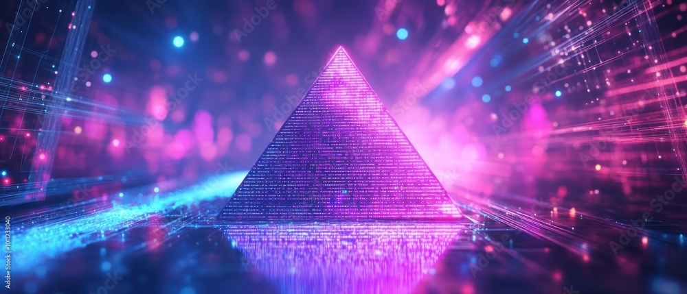 Poster digital pyramid in futuristic cybernetic world. presentation report of future data search technology