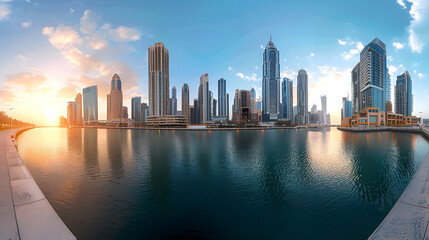 Fototapeta premium A stunning sunrise over a modern city skyline, with skyscrapers reflecting in the calm waterfront. The scene captures the serene beauty of urban life at dawn.