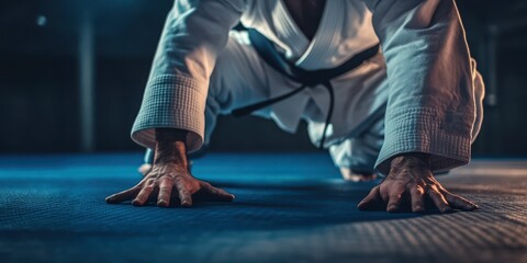 A focused martial artist practicing on a blue mat, showcasing technique and determination in a dimly lit training space.