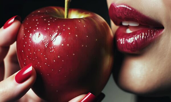 A close-up of a woman's lips holding a shiny red apple, evoking themes of temptation and allure.