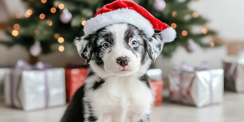Fototapeta premium A cute blue merle border collie puppy in a christmas hat, sitting on the ground, against an Christmas tree with silver decor