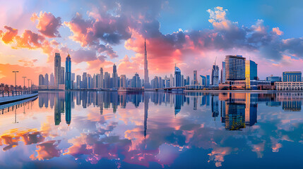  A stunning sunrise over a modern city skyline, with skyscrapers reflecting in the calm waterfront. The scene captures the serene beauty of urban life at dawn.