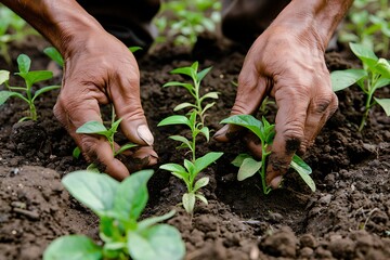 Human hands holding young green plant with soil background